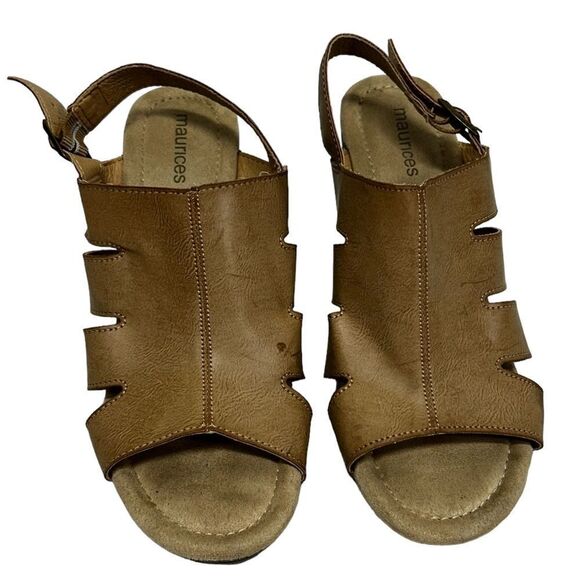 Maurice’s Eden Tan Faux Leather Open Toe Block Heels Sandals 7.5 Cutout Vegan - Picture 2 of 10
